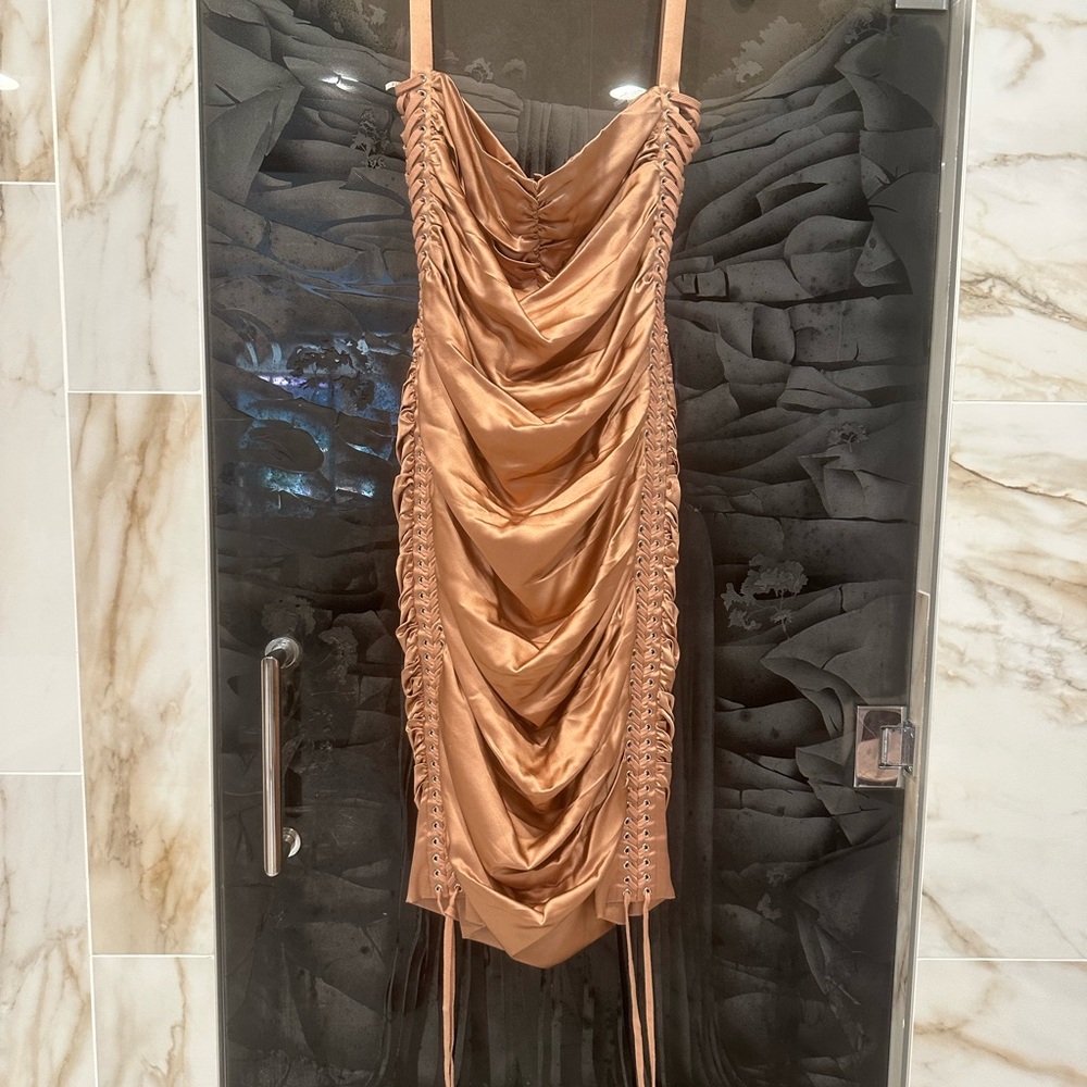 Dolce & Gabbana Ruched Satin Mini Dress in Tan